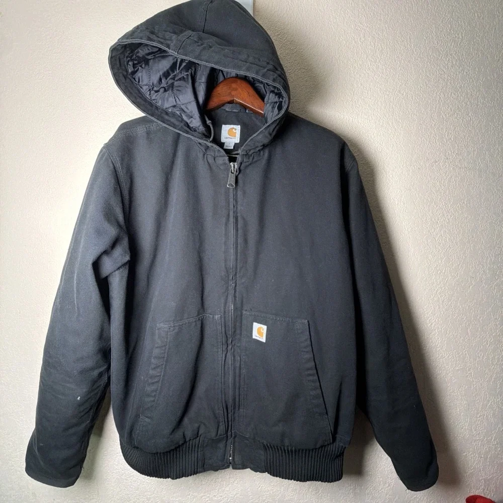 Carhartt Jacket Mens L Duck Insulated 104050 BLK Thinsulate Coat Hooded Canvas